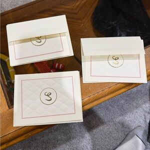 Three Elegant Cream and Gold Monogrammed stationary letter S with pink border